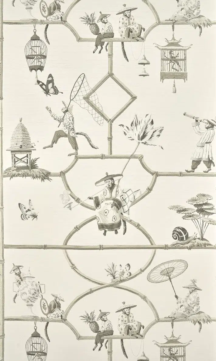 Обои Pierre Frey — Les singes savants — Porcelaine FP770005 (коллекция Veranda — Designs By Caspari)